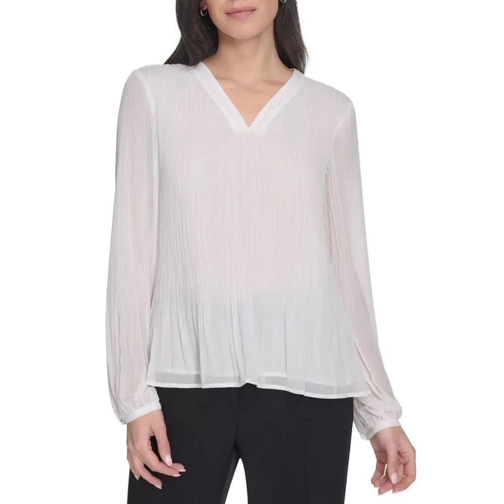 Calvin Klein Women's Pleated V-Neck Long-Sleeve Blouse White NWT Size XL